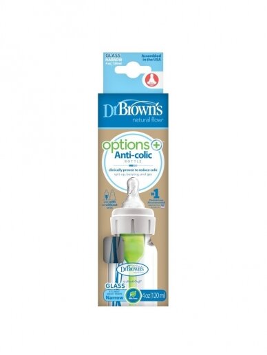 Anti-colic bottle Options+, 120 ml., glass bottle 0m+, Dr. Brown's