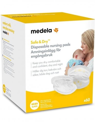 Vienkartiniai įklotai į liemenėlę, Safe & Dry, Super, 4 lašai, 60 vnt., Medela