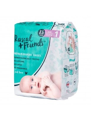 RASCAL + FRIENDS sauskelnės 1 dydis, 3-5kg, 23 vnt.