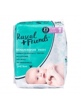 RASCAL + FRIENDS sauskelnės 1 dydis, 3-5kg, 23 vnt.