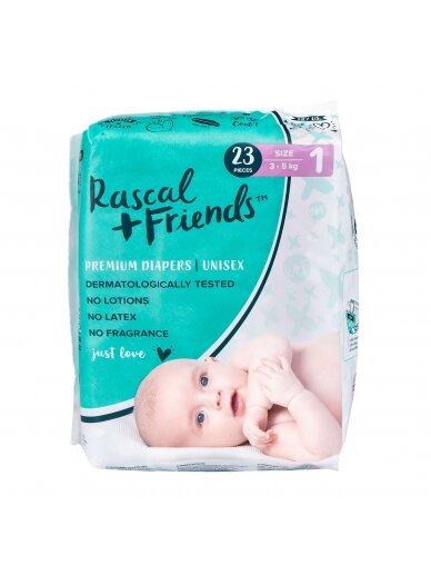 RASCAL + FRIENDS sauskelnės 1 dydis, 3-5kg, 23 vnt.