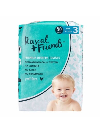 RASCAL + FRIENDS sauskelnės 3 dydis, 6-11kg, 50 vnt.