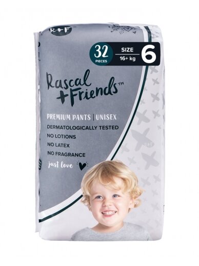 RASCAL + FRIENDS sauskelnės-kelnaitės 6 dydis, 16kg+, 32 vnt.