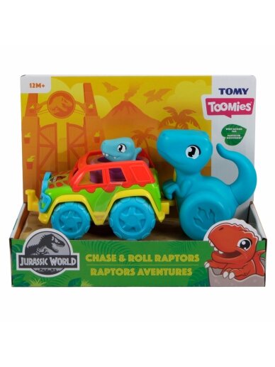 TOMY mašinėlės rinkinys su dinozauru Chase & Roll Raptors, E73251